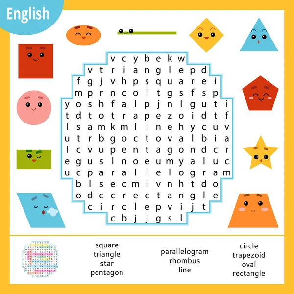 Puzzle de búsqueda de palabras. Conjunto de dibujos animados de formas geométricas. Juego de educación para niños . — Vector de stock