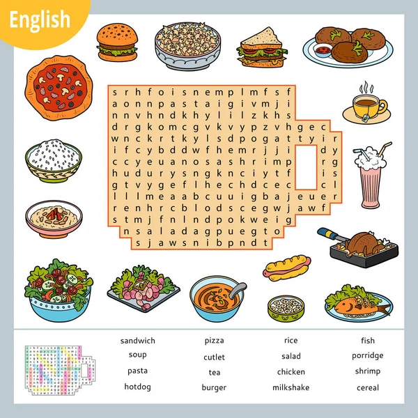 Puzzle de búsqueda de palabras. Juego de dibujos animados de comida. Juego de educación para niños . — Vector de stock