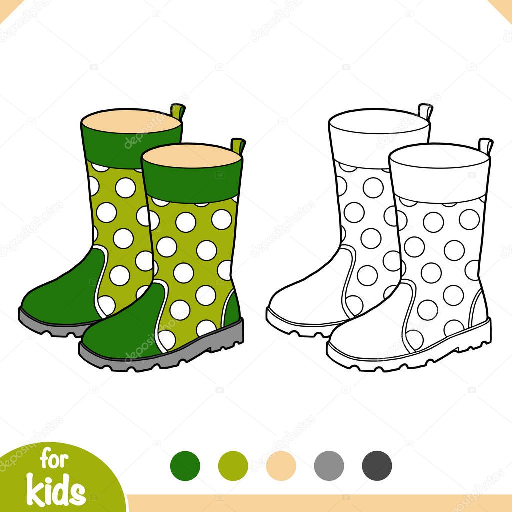 Coloring book, cartoon shoe collection. Rubber boots