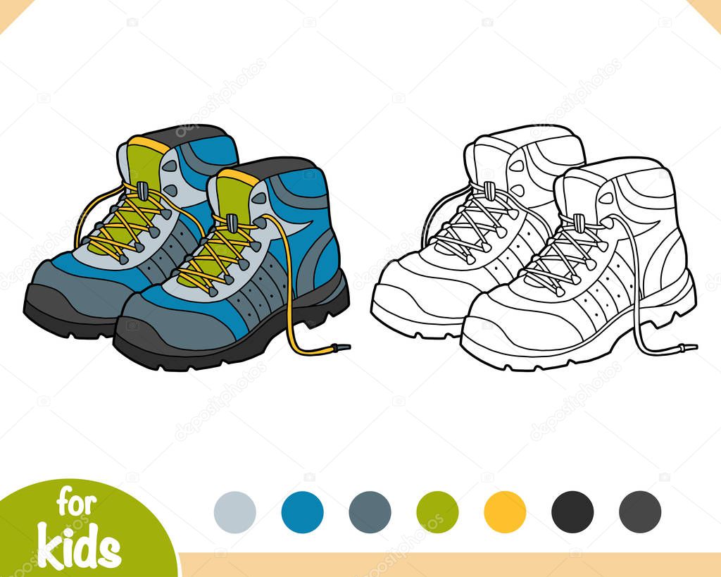 Coloring book, cartoon shoe collection. Hiking boots