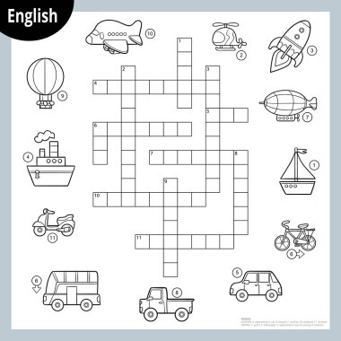İngilizce vektör bulmacası, çocuklar için eğitim oyunu. Çizgi film siyah beyaz nakliye seti