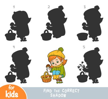 Doğru gölgeyi bul, eğitim oyunu. Çizgi film kızı ve mantarlar.