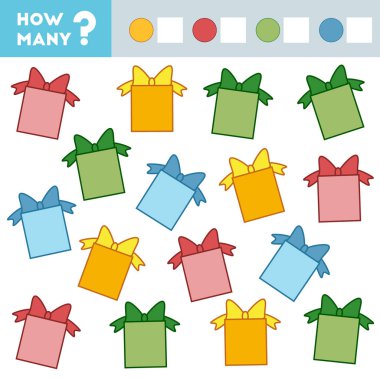 Çocuklar için Sayım Oyunu. Eğitici bir matematik oyunu. Kaç tane hediye say. 