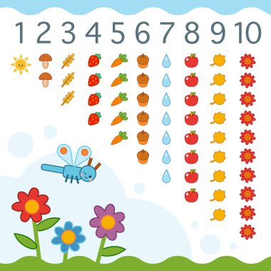 Çocuklar için birden ona kadar sayılarla ilgili eğitici bir poster. Anaokulu öğrencileri için öğrenme sayılır. Doğa nesneleri kümesi