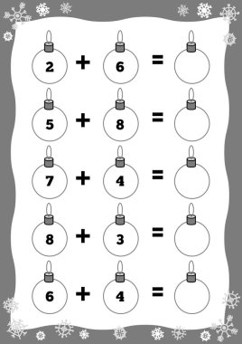 Anaokulu çocukları için sayım oyunu. Eğitici bir matematik oyunu. Ek çalışma kağıtları. Noel ağacı topları. 