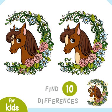 Farklılıkları bul, çocuklar için eğitim oyunu, çiçek çerçevesinde şirin bir midilli.