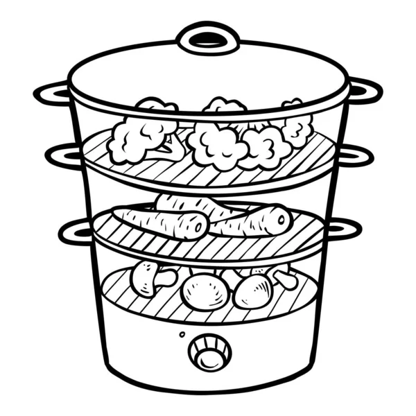 Libro para colorear. Vapor de comida eléctrica. Electrodomésticos de cocina de dibujos animados en blanco y negro — Archivo Imágenes Vectoriales