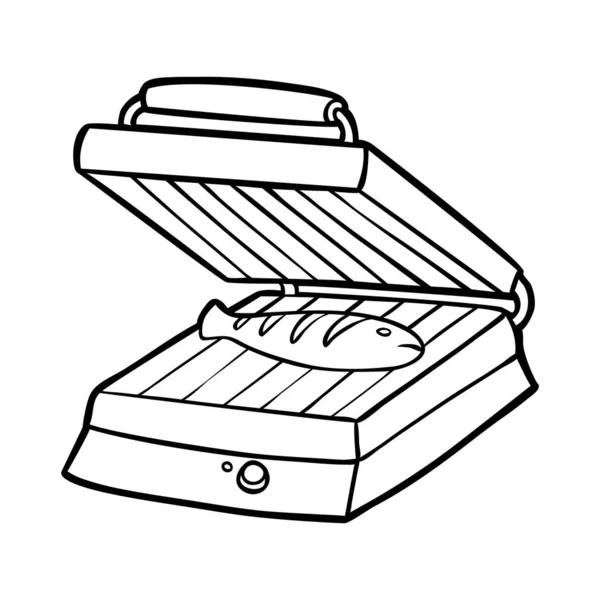 Livro de colorir. Grelha de contato elétrica. Preto e branco cartoon utensílios de cozinha — Vetor de Stock