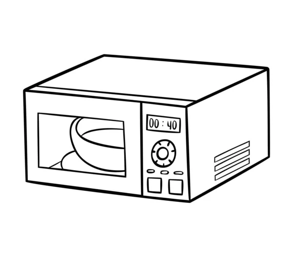 Livro de colorir. Forno de microondas. Preto e branco cartoon utensílios de cozinha —  Vetores de Stock