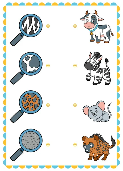 Juego a juego, juego de educación para niños. Encontrar las partes correctas, conjunto de animales de dibujos animados . — Vector de stock