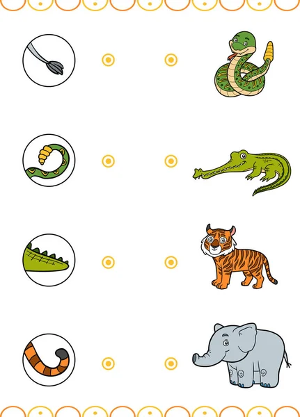 Juego a juego, juego de educación para niños. Encontrar las partes correctas, conjunto de animales de dibujos animados . — Vector de stock