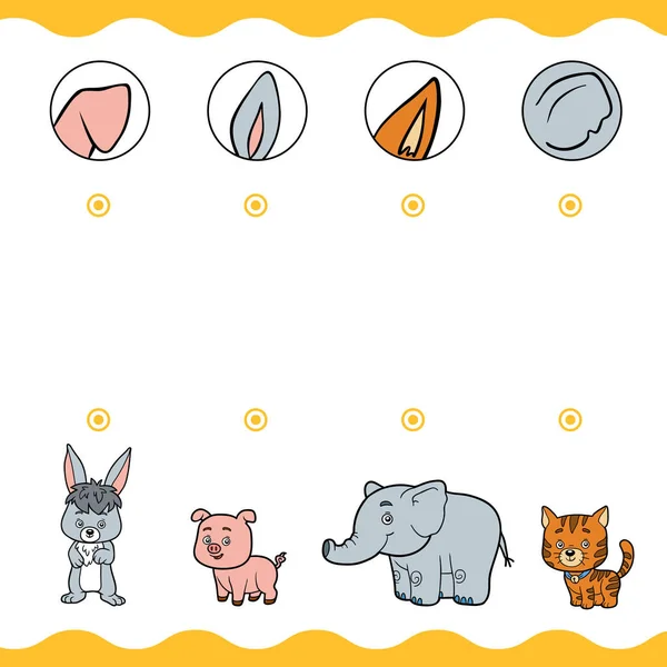 Jogo de correspondência, jogo de educação para crianças. Encontre as partes certas, conjunto de animais de desenhos animados . — Vetor de Stock