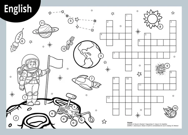 Crucigrama vectorial en inglés, juego de educación para niños sobre el espacio — Vector de stock