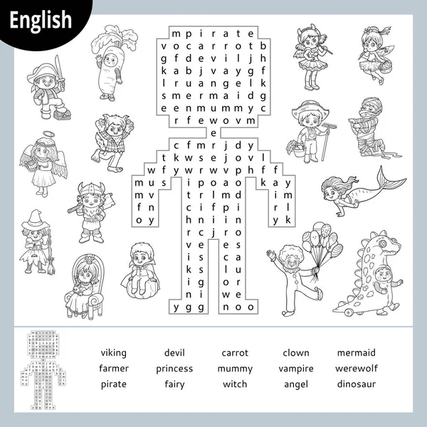 Word search puzzle. Cartoon characters, Halloween costumes. Education game for children. — Stock Vector