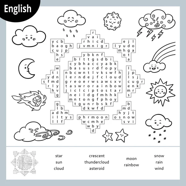 Szóra keresés puzzle. Karikatúra időjárási elemek. Oktatási játék gyerekeknek — Stock Vector