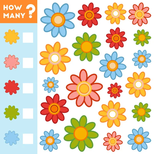 Μετρώντας το παιχνίδι για παιδιά. Εκπαιδεύω ένα μαθηματικό παιχνίδι. Μέτρα πόσα λουλούδια — Διανυσματικό Αρχείο