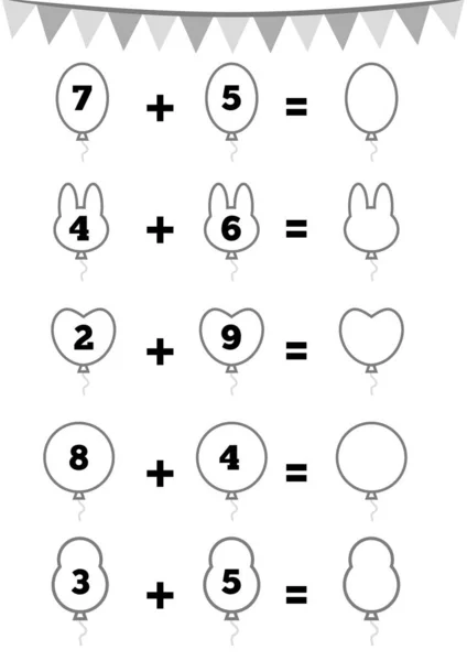 Counting Game for Preschool Children. Educational a mathematical game. Addition worksheets, party balloons. — Stock Vector