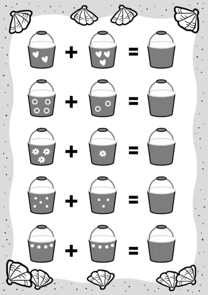 Zählspiel für Vorschulkinder. Bildung ist ein mathematisches Spiel. zusätzlich Arbeitsblätter, Sandeimer. — Stockvektor