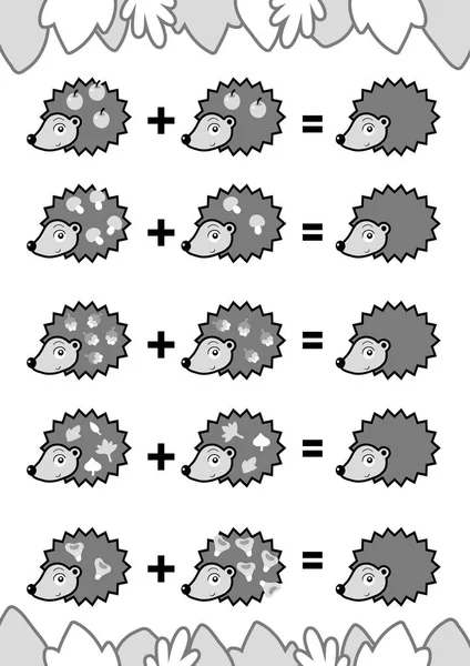 Anaokulu çocukları için sayım oyunu. Eğitici bir matematik oyunu. Toplama çalışma kağıtları, kirpi. — Stok Vektör