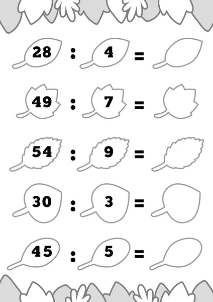 Anaokulu çocukları için sayım oyunu. Eğitici bir matematik oyunu. Bölüm çalışmaları, sonbahar, yapraklar. — Stok Vektör