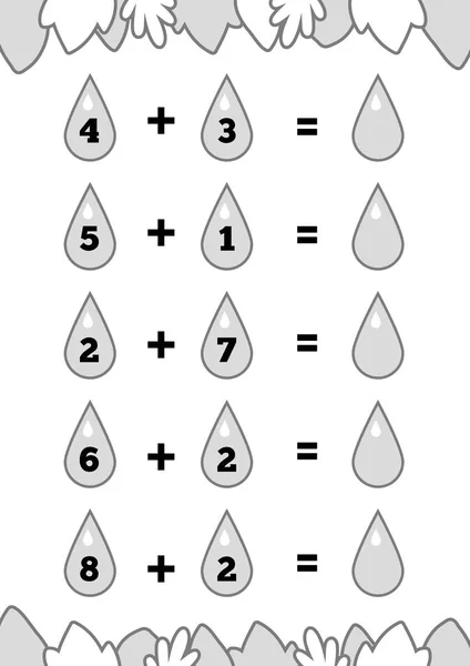 Jeu de compte pour enfants d'âge préscolaire. Éduquer un jeu mathématique. Feuilles de travail supplémentaires, gouttes d'eau . — Image vectorielle