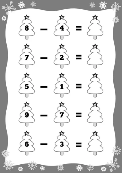 Számolás játék óvodások számára. Oktatási matematikai játék. Kivonási munkalapok, karácsonyfa. — Stock Vector