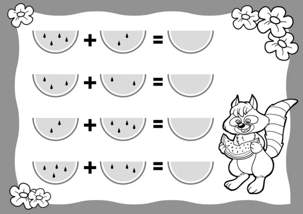 Counting Game for Preschool Children. Educational a mathematical game. Raccoon and watermelon. — ストックベクタ