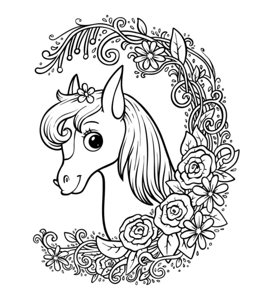 Libro para colorear, lindo pony en un marco floral — Vector de stock