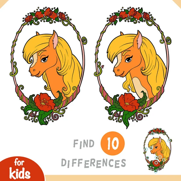 Encontrar diferencias, juego de educación para los niños, caballo lindo en un marco floral — Vector de stock