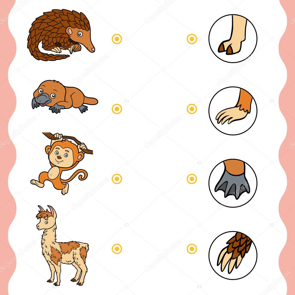 Matching game, education game for children. Find the right parts, set of cartoon animals.