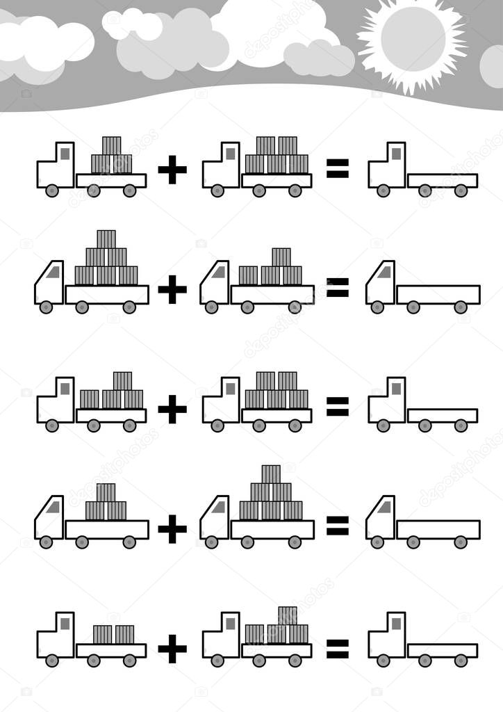 Counting Game for Preschool Children. Educational a mathematical game. Addition worksheets, trucks.