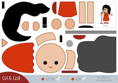 Çocuklar için eğitim kâğıdı oyunu, şarkıcı kız ve mikrofon. Resmi oluşturmak için makas ve yapıştırıcı kullanın.