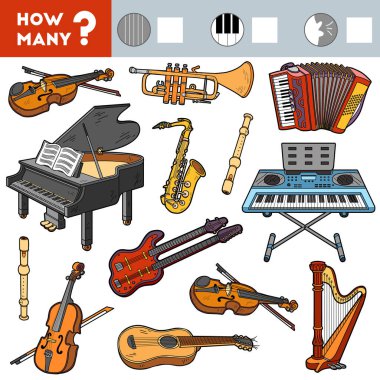 Anaokulu çocukları için sayım oyunu. Eğitici bir matematik oyunu. Kaç tane müzik aleti say ve sonucu yaz.!