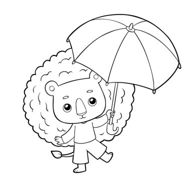 Çocuklar için boyama kitabı, şirin aslan ve şemsiye.