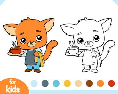 Çocuklar için boyama kitabı, tepside kahve fincanı olan sevimli kedi garson.