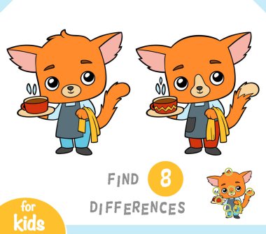 Farklılık bul, çocuklar için eğitici bir oyun, tepside kahve bardağıyla sevimli bir kedi garson.