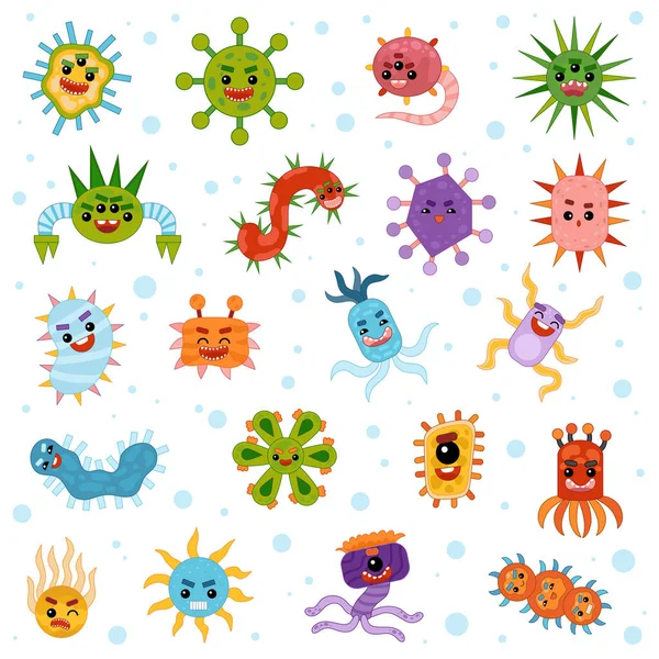 Conjunto Colorido Bactérias Bonitos Personagens Vírus Coleção Desenhos Animados Vetoriais — Vetor de Stock