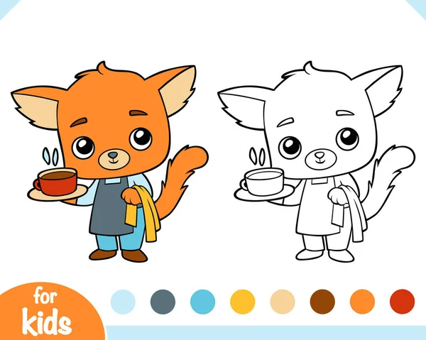 Livro Colorir Para Crianças Garçom Gato Bonito Com Uma Caneca — Vetor de Stock
