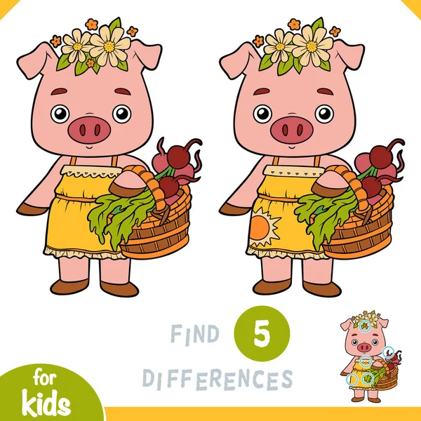 違いを見つける 子供のための教育ゲーム 野菜のバスケットとかわいい豚 — ストックベクタ