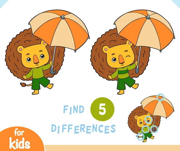 Finden Sie Unterschiede Lernspiel Für Kinder Netter Löwe Und Regenschirm — Stockvektor