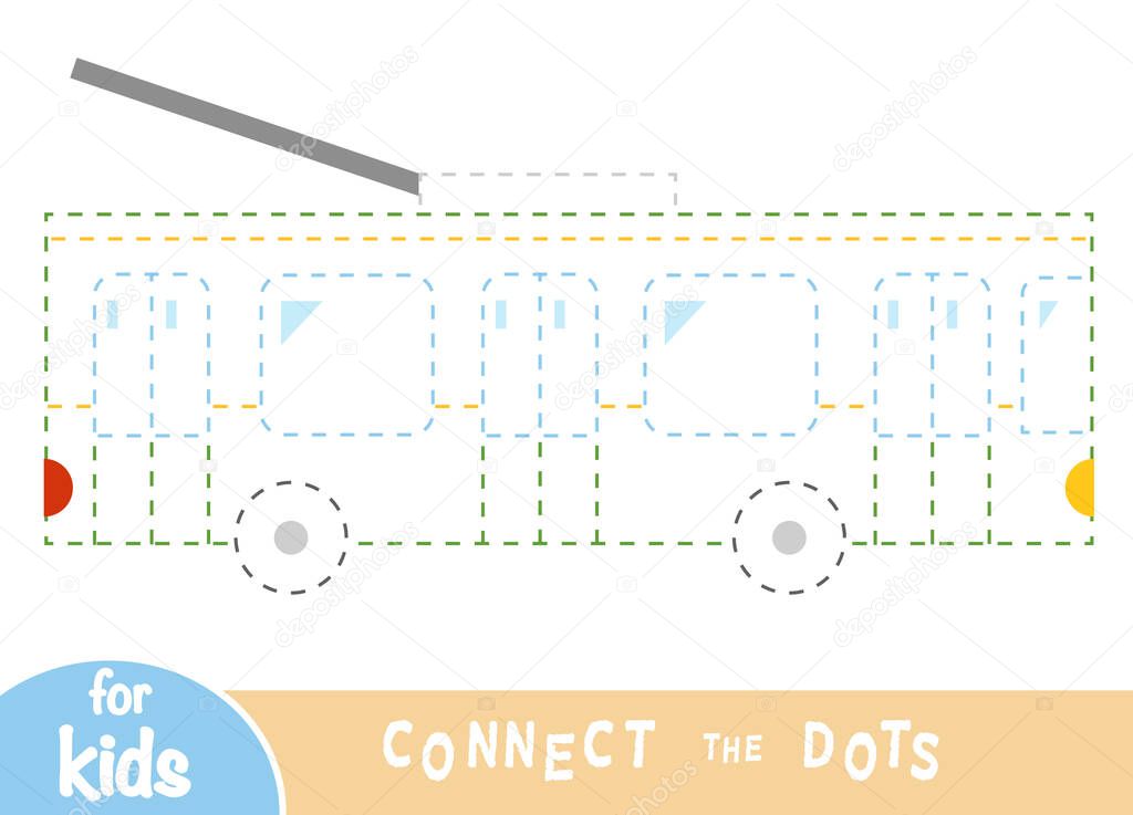 Connect the dots, education game for children, cartoon trolleybus