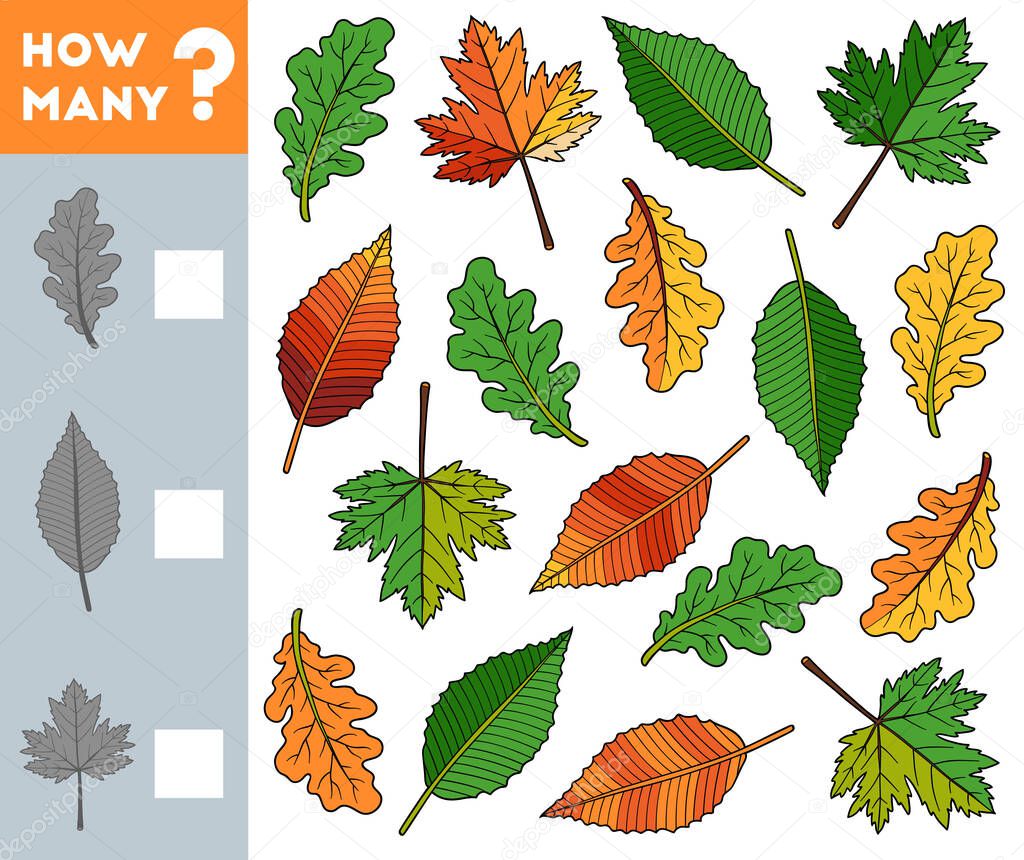 Counting Game for Preschool Children. Educational a mathematical game. Count how many leaves and write the result!