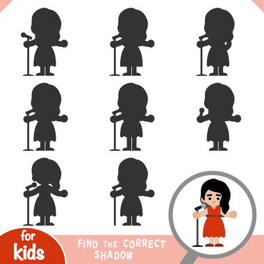 Doğru gölgeyi bul, çocuklar için eğitim oyunu, şarkıcı kız ve mikrofon