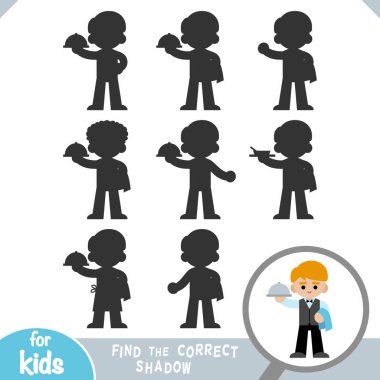 Doğru gölgeyi bul, çocuklar için eğitim oyunu, elinde peçete ve tabakla garson.