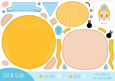 Çocuklar için eğitim kâğıdı oyunu, çizgi film karakteri Prenses. Resmi oluşturmak için makas ve yapıştırıcı kullanın.