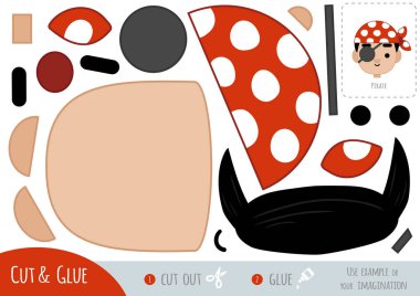 Çocuklar için eğitim kağıdı oyunu, çizgi film karakteri korsanı. Resmi oluşturmak için makas ve yapıştırıcı kullanın.