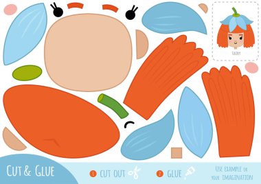 Çocuklar için eğitim kâğıdı oyunu, çizgi film karakteri Peri. Resmi oluşturmak için makas ve yapıştırıcı kullanın.