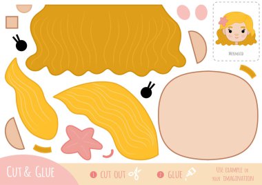 Çocuklar için eğitim kâğıdı oyunu, çizgi film karakteri Denizkızı. Resmi oluşturmak için makas ve yapıştırıcı kullanın.