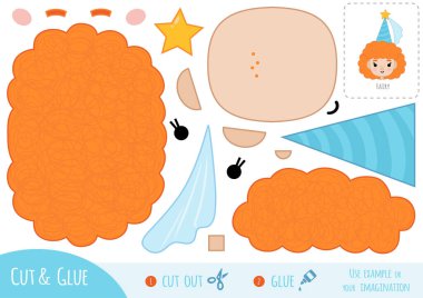 Çocuklar için eğitim kâğıdı oyunu, çizgi film karakteri Peri. Resmi oluşturmak için makas ve yapıştırıcı kullanın.