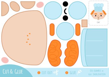 Çocuklar için eğitim kâğıdı oyunu, çizgi film karakteri şefi. Resmi oluşturmak için makas ve yapıştırıcı kullanın.